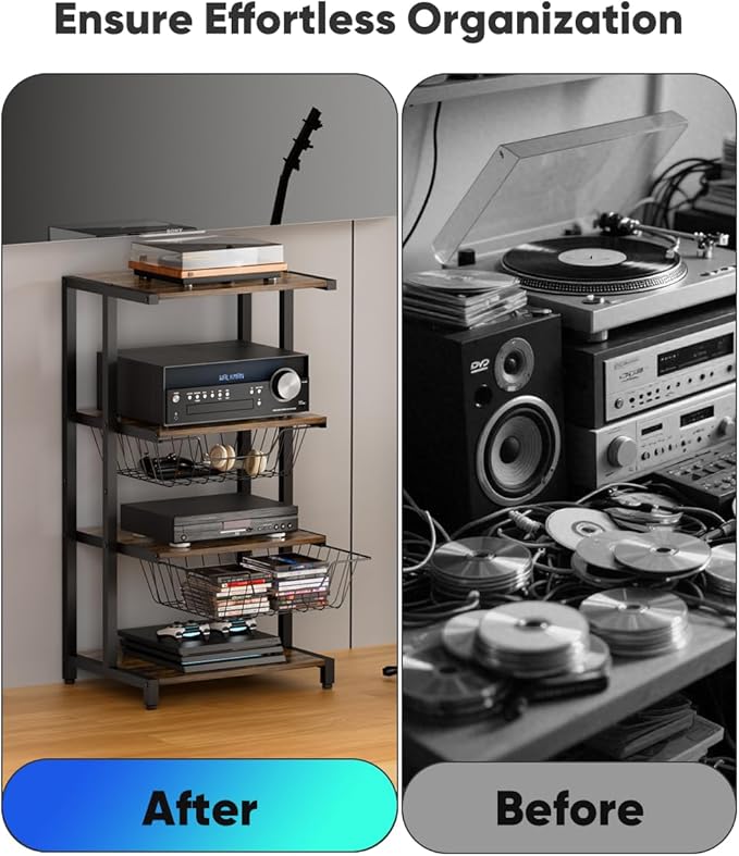 Media Stand with Two Detachable Baskets, 4-Tier AV Media Stand Corner Shelf for DVD Players/Cable Boxes/Games Consoles, Audio Storage Rack for Living Room, Gaming Room, Music Studio, Black