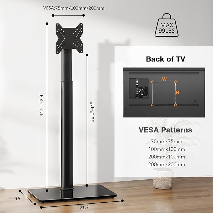 Universal TV Stand Monitor with Mount 100 Degree Swivel Height Adjustable and Tilt Function for 19 to 43 inch LCD, LED OLED TVs,Space Saving Standing Bedroom Living Room Corner,Black