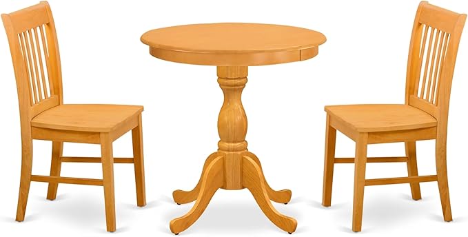 East West Furniture ESNF3-OAK-W 3 Piece Dining Set Contains a Round Dining Table with Pedestal and 2 Kitchen Chairs, 30x30 Inch, Oak