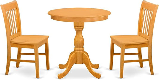 East West Furniture ESNF3-OAK-W 3 Piece Dining Set Contains a Round Dining Table with Pedestal and 2 Kitchen Chairs, 30x30 Inch, Oak
