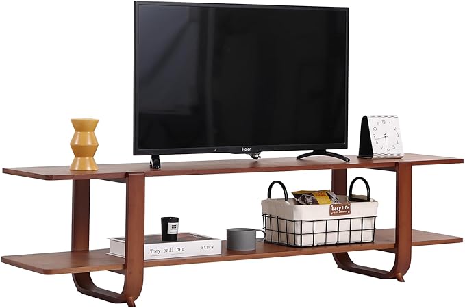Welnow Bamboo TV Stand for Up to 65 Inch, Mid Century Modern Entertainment Center with 2-Tier Open Shelves, Storage Media Console Table for Living Room, Bedroom, Walnut