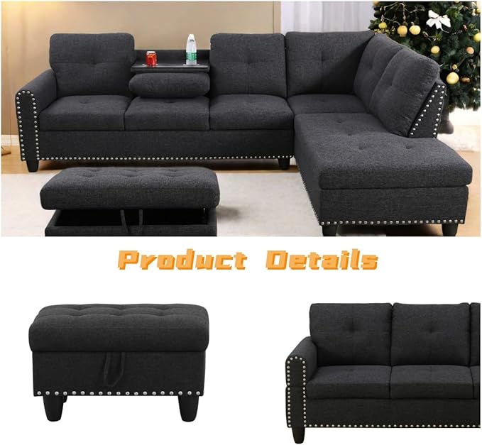 L Shaped Sectional Couch with Otttoman, 97" Sectional Sofa for Living Room Flannel Modular Couches with Cup Holders for Bedroom, Apartments, Black Grey