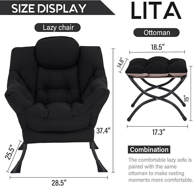 LITA Lazy Chair With Ottoman, Modern Accent Leisure Upholstered Sofa, Contemporary Lounge Reading With Armrests and Side Pocket for Living Room, Bedroom & Small Space, Black