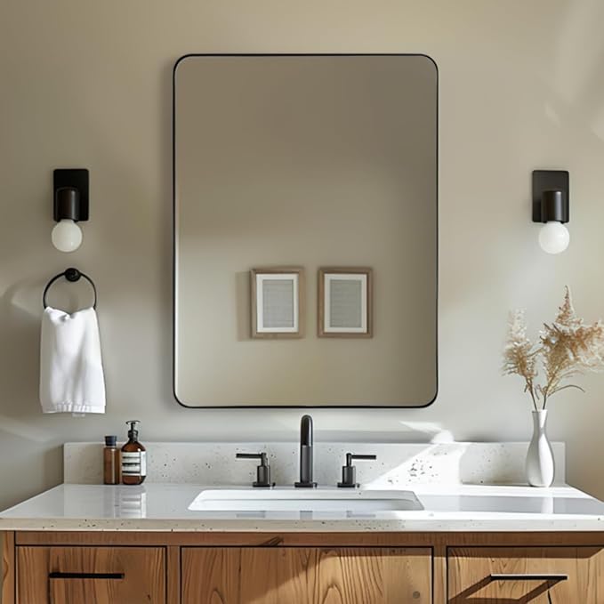 ANDY STAR Wall Mirror for Bathroom, Mirror for Wall with Black Metal Frame 22" X 30", Decorative Wall Mirrors for Living Room,Bedroom, Glass Panel Rounded Corner Hangs Horizontal Or Vertical