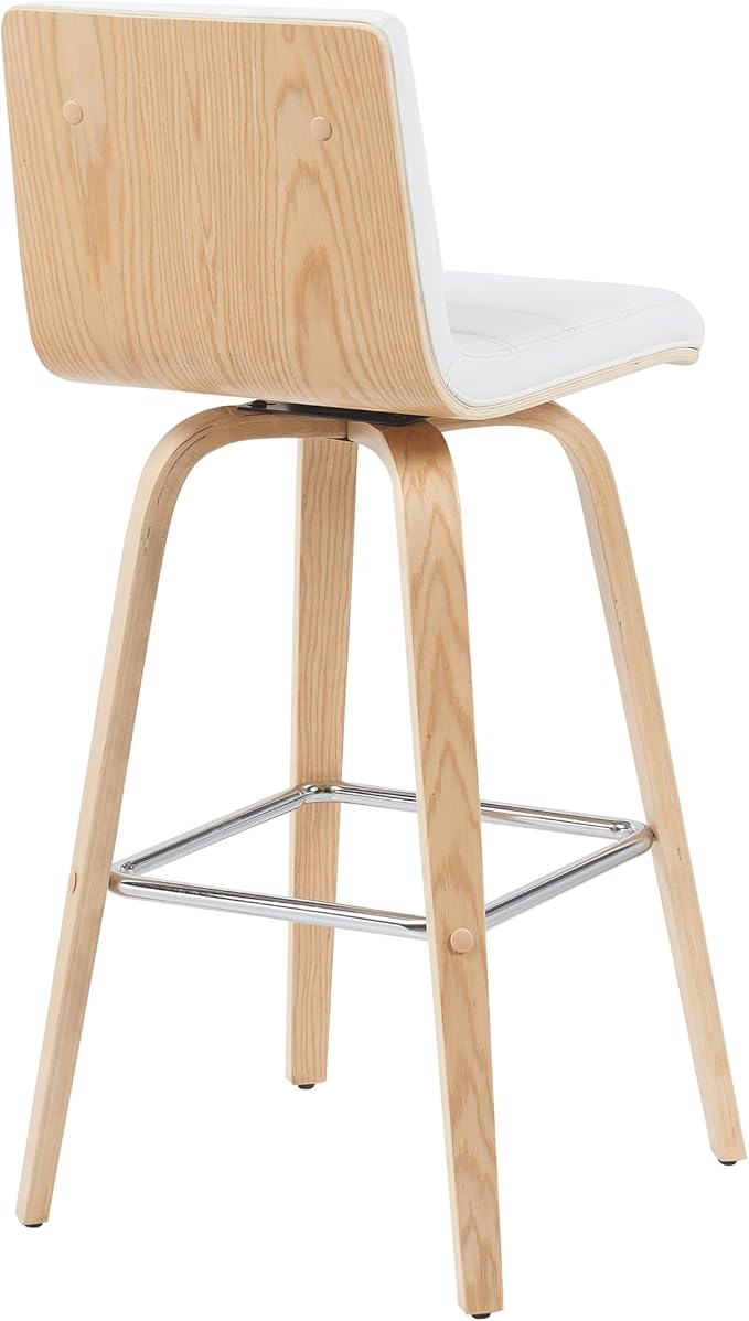 Vienna Modern Swivel Bar Height Stool with White Faux Leather Seat and Patterned Oak Wood Frame Set of 4