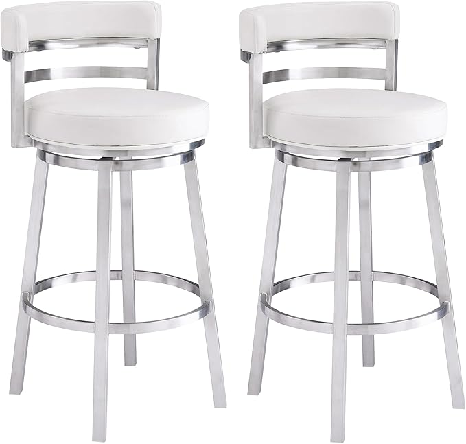 Armen Living Madrid 26" Seat Height Swivel White Faux Leather and Brushed Stainless Steel Bar Stool for Kitchen Island Counter, Set of 2