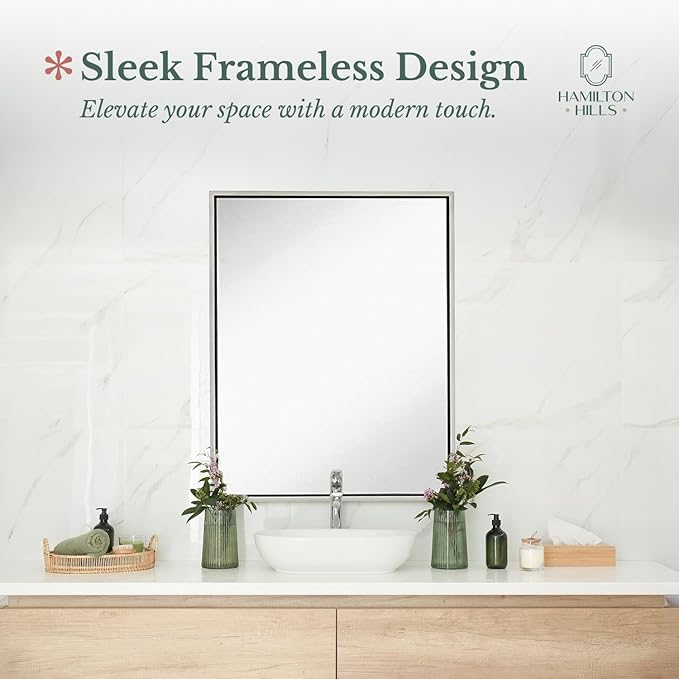 Hamilton Hills 30x40 inch Polished Silver Metal Framed Wall Mounted Mirror - Large Rectangular Bathroom Mirror - 1/2 inch Floating Frame Vanity Nickel Glass - Hangs Horizontal or Vertical