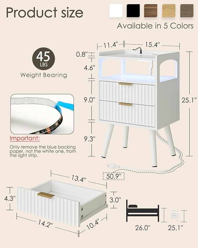 Nightstand with Charging Station and LED Lights,Modern Bedside Table with 2Drawer and Open Shelf,White Night Stand with Solid Wood Legs,End Table for Living Room、Bedroom and Small Spaces