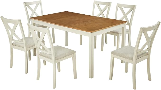 7-Piece Farmhouse Solid Wood Dining Table Set with 6 Chairs, 60" Rectangular Dining Table & Chair Set for 6 People, Dining Table with Wood Legs, Table Set for Dining room, Kitchen, Rustic Cream
