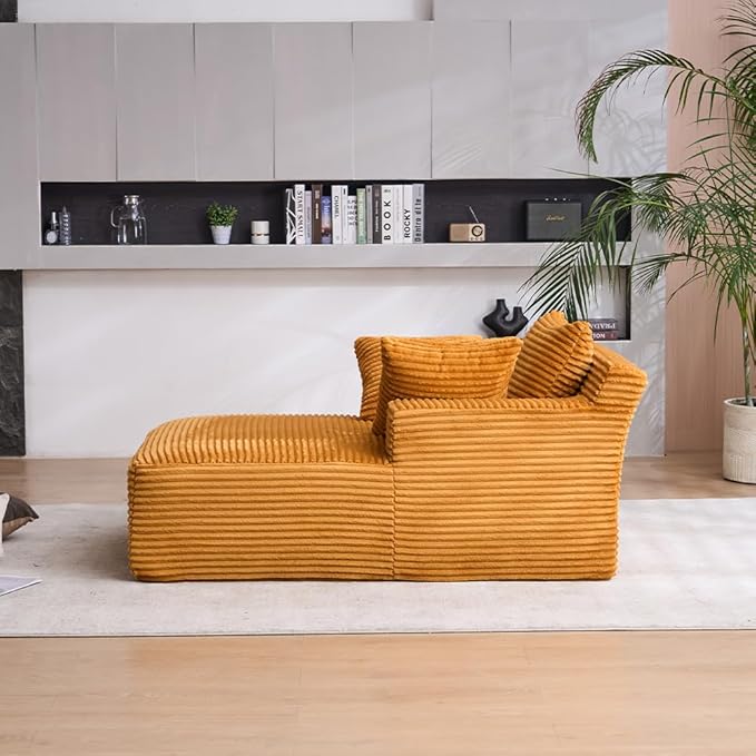 Oversized Chaise Daybed Lounge Sleeper Chair Sofa Bed Indoor, Fluffy Corduroy Upholstered Sleeper Recliner Sofabed Extra Wide Full Foam Cloud Sofabed W/3 Pillows for Home/Apartment Living Room Bedroom