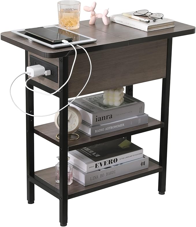 Modern End Table with Charging Station, Narrow Side Table with USB Ports & Outlets, Flip-Top Nightstand with Storage Shelf, Small Bedside Table for Living Room, Bedroom, Small Space, Charcoal Gray