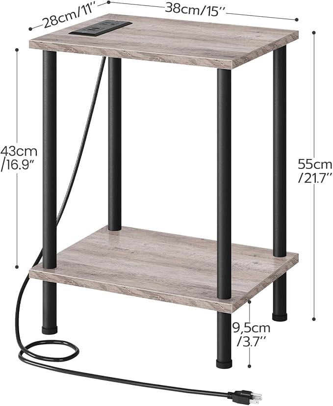 HOOBRO Side Table with Charging Station, End Table with USB Ports and Outlet, Nightstand with 2-Layer Storage Shelves for Small Spaces, Living Room, Bedroom, Stable Frame, Greige and Black BG09UBZ01