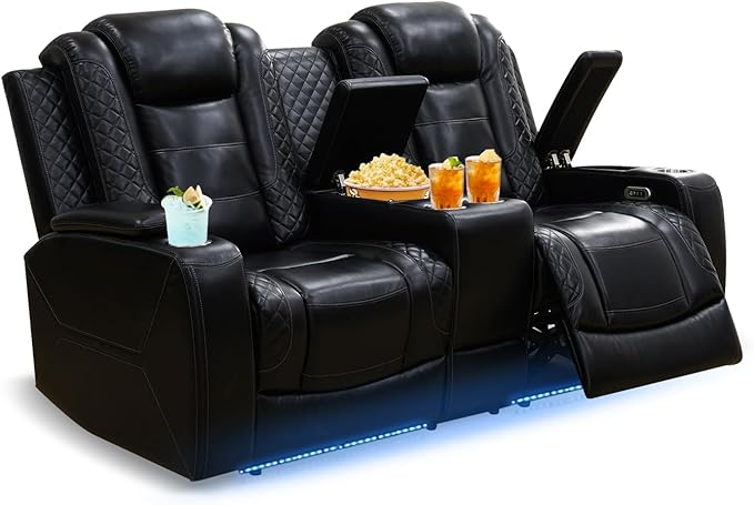 PU Leather Power Wall Hugger Chair Double Reclining Sectional Sofa 2-Seater Loveseat Couch with Center Storage Console & Armrests, USB Port, 4 Cup Holders and LED Light for Living Room RV Theater