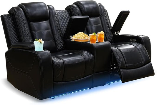 PU Leather Power Wall Hugger Chair Double Reclining Sectional Sofa 2-Seater Loveseat Couch with Center Storage Console & Armrests, USB Port, 4 Cup Holders and LED Light for Living Room RV Theater