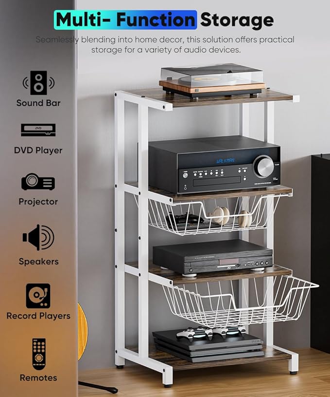 Media Stand with Two Detachable Baskets, 4-Tier AV Media Stand Corner Shelf for DVD Players/Cable Boxes/Games Consoles, Audio Storage Rack for Living Room, Gaming Room, Music Studio, White