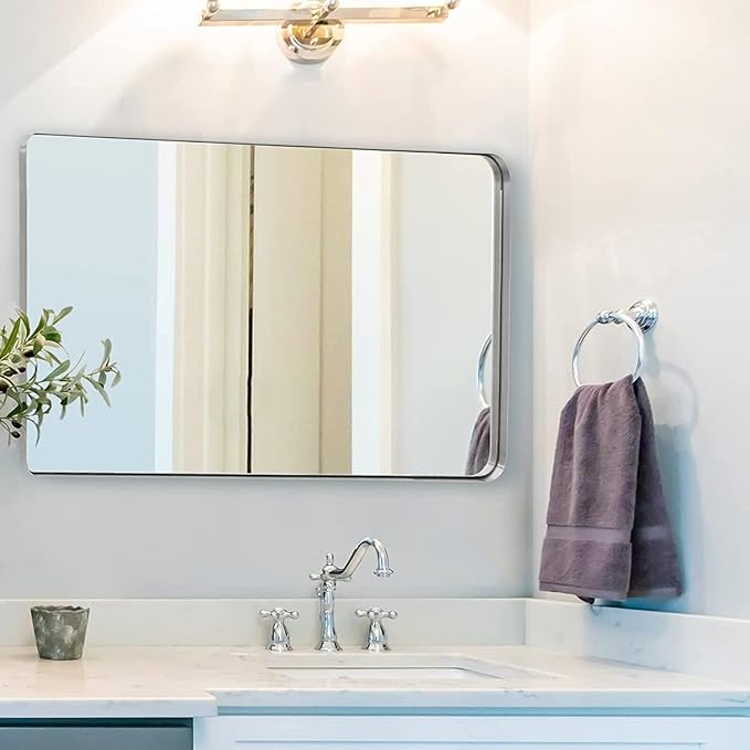 ANDY STAR 30"x48" Brushed Nickel Bathroom Mirror, Large Wall Mirror for Bathroom, Rounded Rectangle Mirror in Premium Stainless Steel Metal Frame Hangs Horizontal Or Vertical