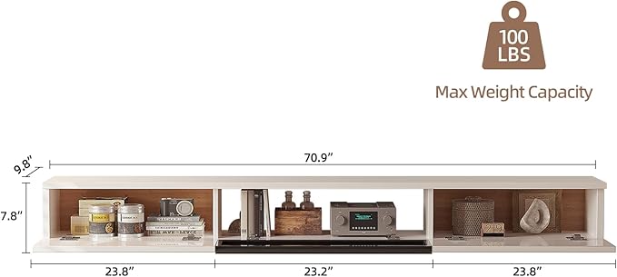High Gloss Floating TV Stand,70'' Wall Mounted TV Console,Under TV Floating Shelf,Floating TV Cabinet with 3 Doors for Bedroom Living Room(White)