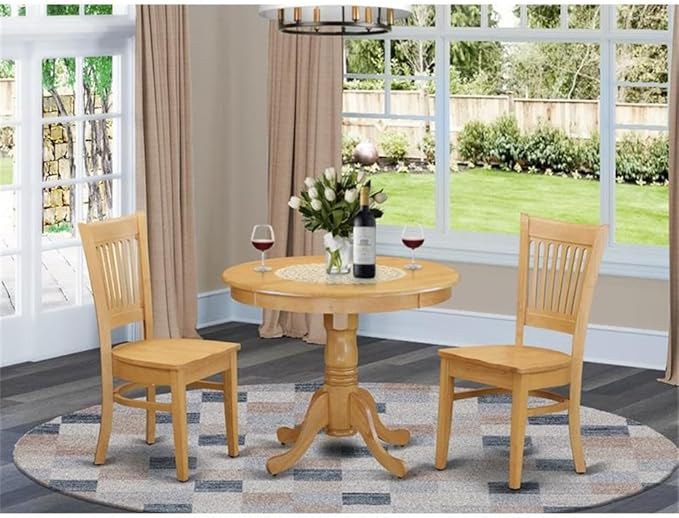 East West Furniture ANVA3-OAK-W 3 Piece Dining Table Set for Small Spaces Contains a Round Kitchen Table with Pedestal and 2 Dining Room Chairs, 36x36 Inch, Oak