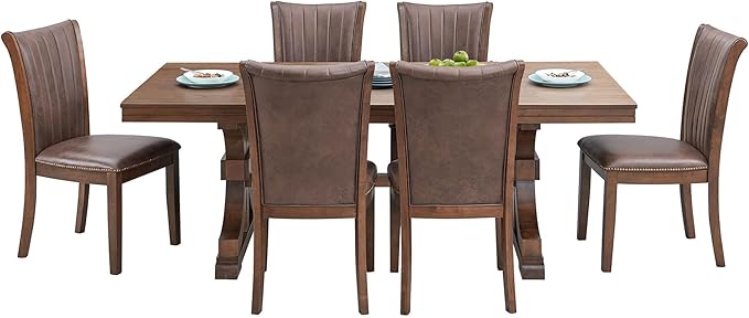 KEIKI Retro 7-Piece Wooden Dining Table Set for 6 Person, Mid-Century Style Table Set with Rectangular MDF Table and 6 Faux Leather Upholstered Chair, Easy Assembly, for Kitchen, Dining Room, Oak