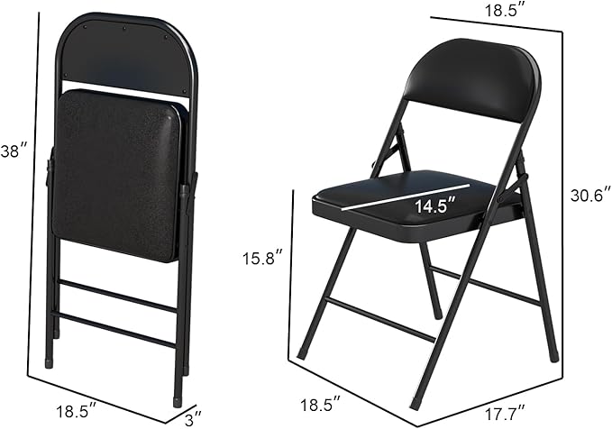 4 Pack Folding Chairs with Padded Cushion & Back, Padded Folding Chairs for Home, Office, Indoor, Outdoor Events (Black, 4 Pack)