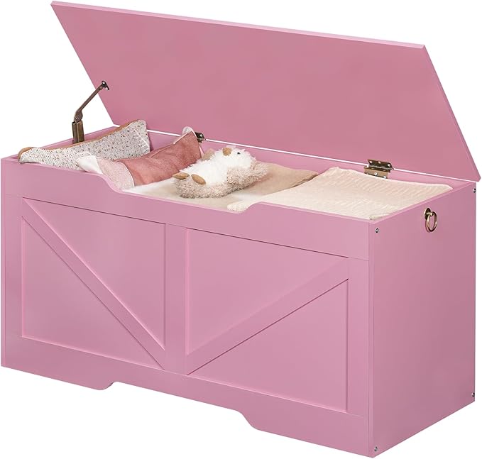HOOBRO Storage Bench, 39.4" Retro Wooden Storage Chest with U-Shaped Cut-Out Pull, Safety Hinge, Supports 220 lb and Easy Assembly for Toy Box Organizer (Pink) PK771CW01