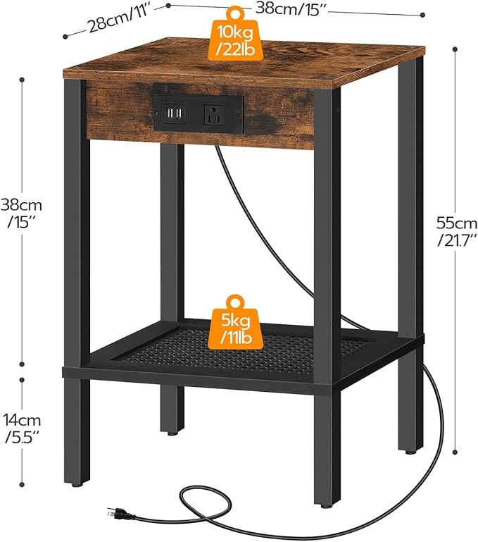 HOOBRO Side Table with Charging Station, Set of 2 End Tables with USB Ports and Outlet, Nightstand with 2-Tier Storage Shelf, for Living Room, Bedroom, Small Space, Rustic Brown and Black BF91UBZP201
