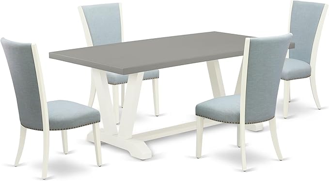 East West Furniture V097VE215-5 5 Piece Kitchen Table & Chairs Set Includes a Rectangle Dining Room Table with V-Legs and 4 Baby Blue Linen Fabric Parsons Chairs, 40x72 Inch, Multi-Color