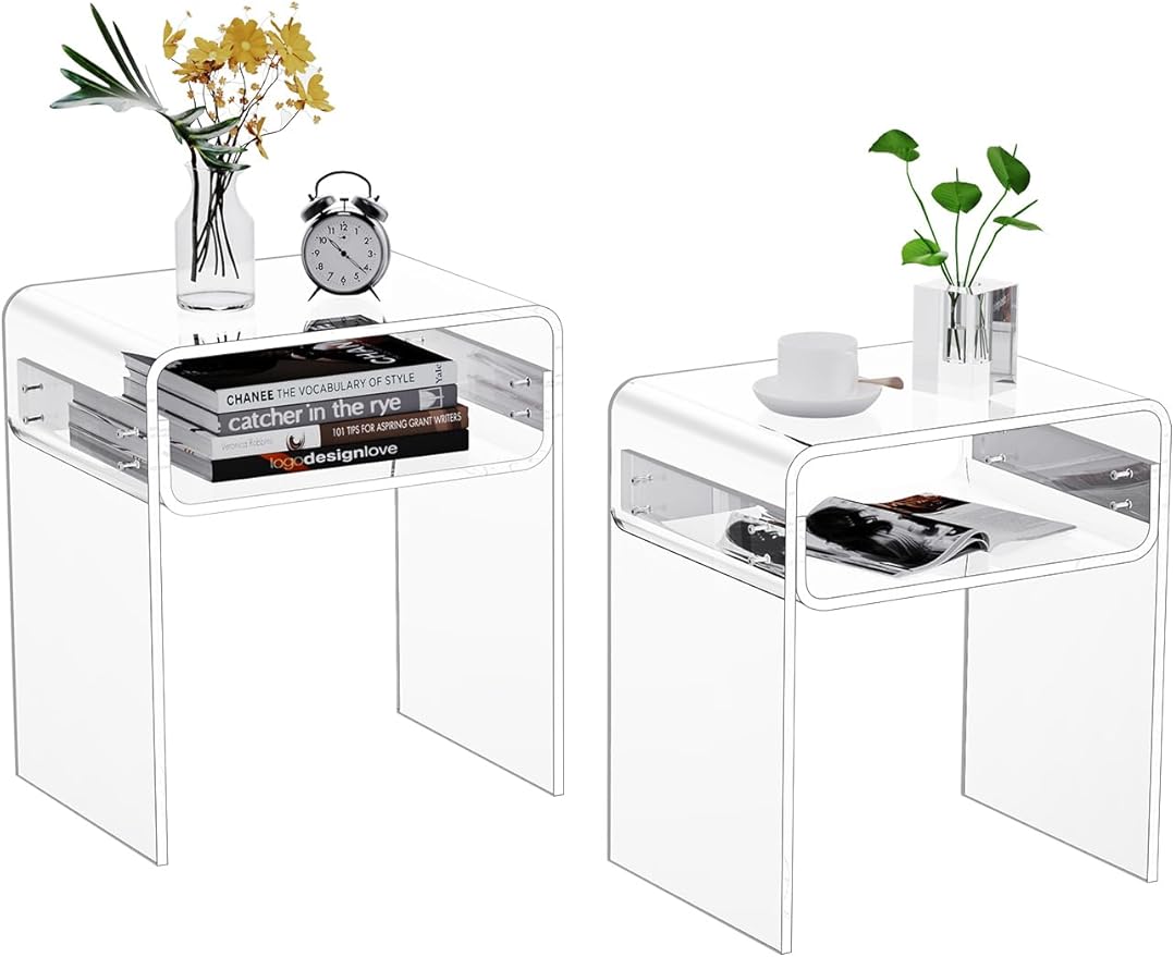 Clear Acrylic End Table 2-Tier Bedside nightstand for Living Room Bedroom Home Decor (Clear Double)