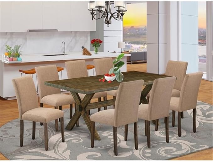 East West Furniture X777AB747-9 9 Piece Dining Room Furniture Set Includes a Rectangle Dining Table with X-Legs and 8 Light Sable Linen Fabric Upholstered Chairs, 40x72 Inch, Multi-Color