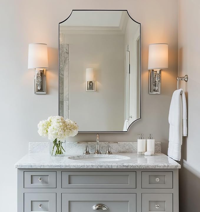 ANDY STAR 24x36 Inch Chrome Mirror, Scalloped Bathroom Mirror, Polished Chrome Framed Mirror in Anti-Rust Stainless Steel Metal Thin Frame Deep 1’’, Unique Scalloped Edge Design