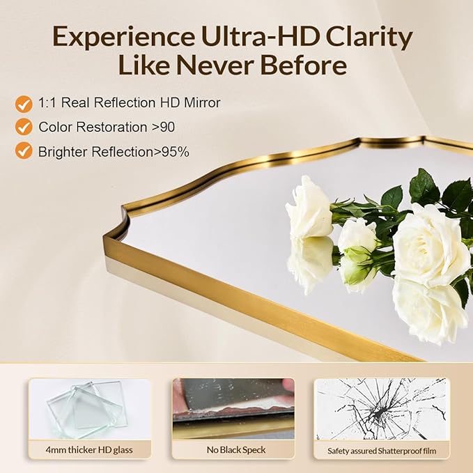 24x32 Gold Mirror, Brushed Gold Scalloped Mirror for Bathroom in Premium Stainless Steel Metal Thin Frame Deep 1", Antique Brass Irregular Wall Mirror Hangs Horizontal or Vertical