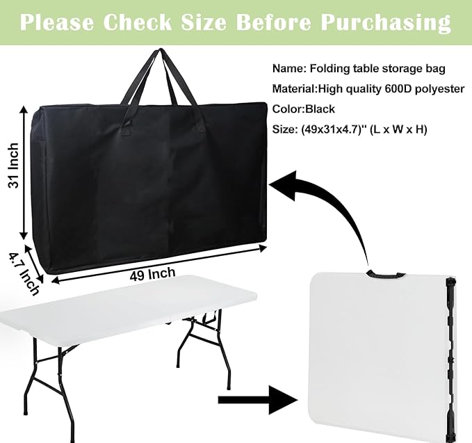 4/6/ 8 Foot Folding Table Storage Bag, Waterproof Heavy Duty Large Carrying Bag for Folding Tables, Picnic/Camp Tables Cover with Durable Zipper & Shoulder Strap, 31" D X 49" W X4.7 H, Black
