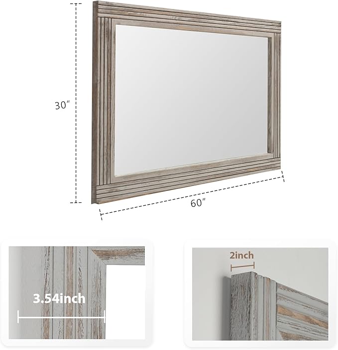 YOSHOOT Hand-Made Wooden Spliced Wall Mirror for Bathroom, Rustic Farmhouse Vanity Mirror, Décor Wall Art, Solid Wood Frame, Vertical or Horizontal Hanging, 60" x 30", Grey