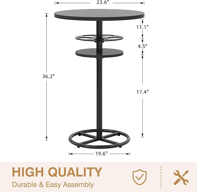 VECELO 36” High Top Bar Table, Sturdy Frame with Metal Base for Cocktail, Pub, Easy Assembly, Marble Black