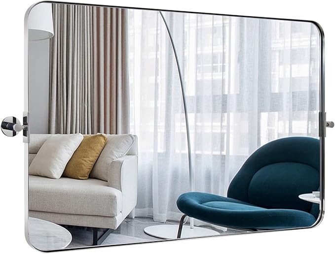 MOON MIRROR 36" x 24" Brushed Nickel Rectangle Bathroom Mirror, Tilting Rounded Rectangular Metal Framed Pivot Wall Mirror, Hangs Horizontally Only(Overall 39.75" x 22")