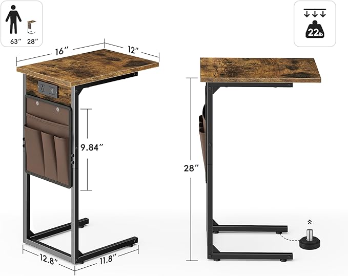 Vagusicc C Shaped End Table with Charging Station, Small Side Table for Couch, Tall Sofa Table Couch Side Tables, Slide Under Sofa Table TV Tray Arm C Tables for Living Room, Bedroom, Bedside, Brown