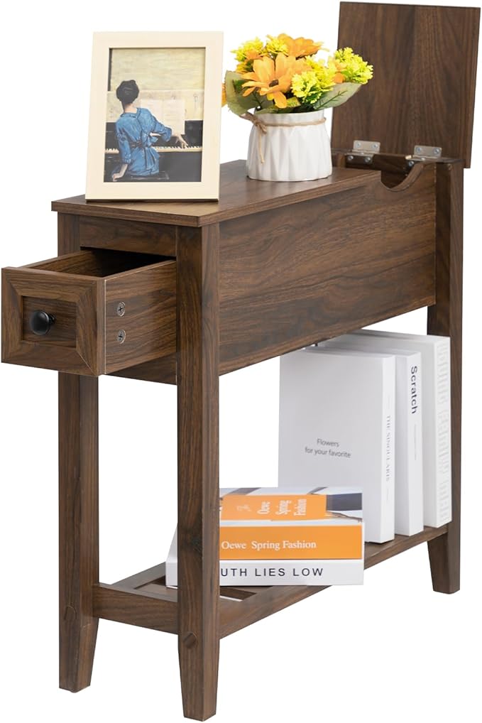 End Table with Movable Top and Charging Station, Narrow Side Table with Storage Cabinet and USB, Sofa Table for Living Room Bedroom