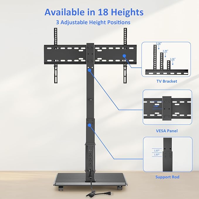 Rolling TV Stand with Power Outlet, Mobile TV Stand for 32-75 Inch TVs up to 110 lbs, 30° Swivel TV Floor Stand, 18 Adjustable Heights, TV Cart on Wheels for Bedroom, Office, Outdoor, Black