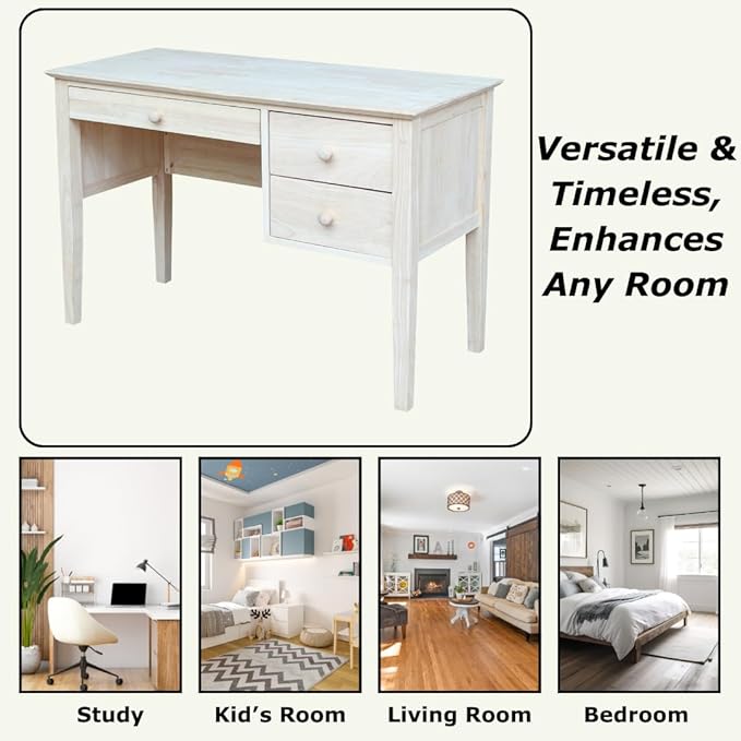 IC International Concepts, Brooklyn Desk, Solid Real Wood, Sturdy Parawood, DIY, Paint/Stain Ready, Unfinished