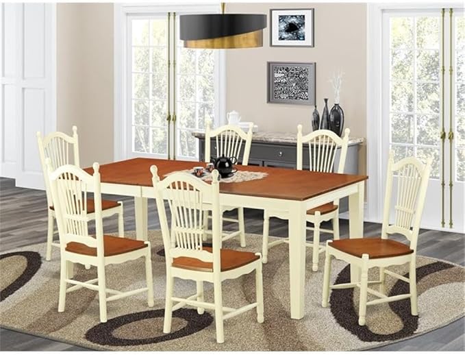 East West Furniture QUDO7-WHI-W 7 Piece Kitchen Table & Chairs Set Consist of a Rectangle Dining Room Table with Butterfly Leaf and 6 Solid Wood Seat Chairs, 40x78 Inch, Buttermilk & Cherry