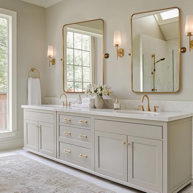 ANDY STAR Gold Pivot Mirror, 20" x 28" Brushed Brass Metal Frame Vanity Mirrors for Over Sink, Farmhouse Rectangle Bathroom Mirror with Adjustable Tilting Design Wall Mounted