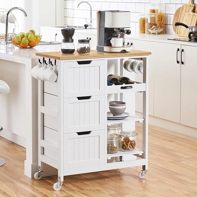 Yaheetech Kitchen Island Cart on Wheels with Bamboo Countertop, Rolling Serving Utility Trolley Cart with 3 Drawers, 3 Removable Shelves & Lockable Casters, Storage Cabinet for Dining Room, Bar, White