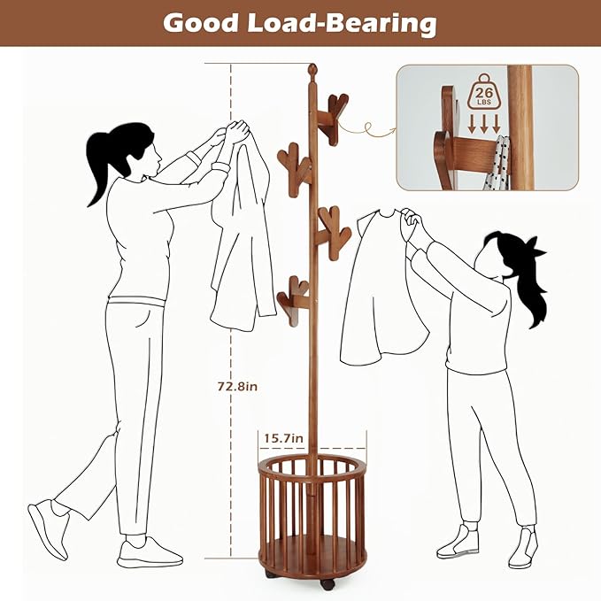 CozyDH Solid Wood Coat Rack Freestanding with Lockable 360° Rotary Casters, Coat Tree Stand with Umbrella Holder & Laundry Basket Storage & 12 Hooks, Walnut