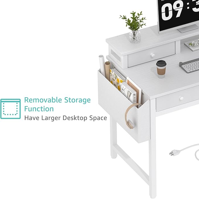 Lufeiya White Computer Desk with Fabric Drawers for Home Office, 40 inch Vanity Makeup Desk with Drawers Storage for Bedroom, Writing Study Table with Power Outlet & Monitor Stand, White