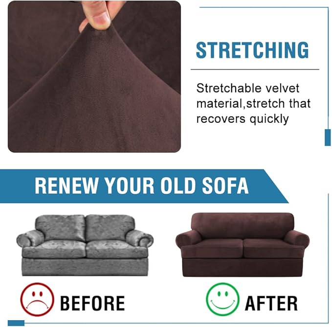 H.VERSAILTEX Sofa Cover 3 Piece T Cushion Sofa Slipcovers Thick Velvet Couch Cover Furniture Protector Stretch T Cushion Sofa Covers for 2 Cushion Couch with 2 T Cushion Covers Washable, Brown