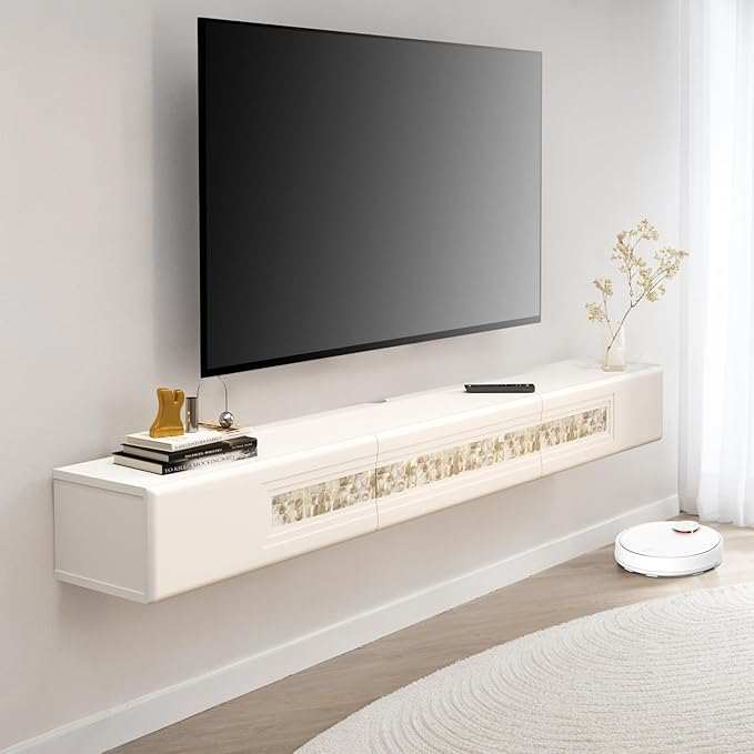 Pmnianhua Floating TV Stand with Mosaic Decor,Wall Mounted TV Console,Floating Entertainment Shelf with Door and Drawers for Bedroom Living Room(White)