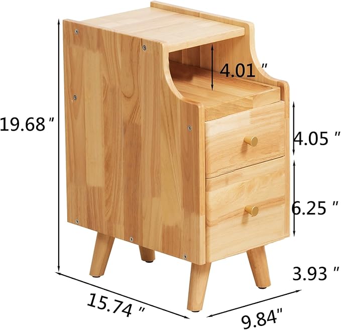 Small Nightstand, Narrow Nightstand, Solid Slim Wood Night Stand for Small Spaces, Couch, Nature Color 9.84in Wide