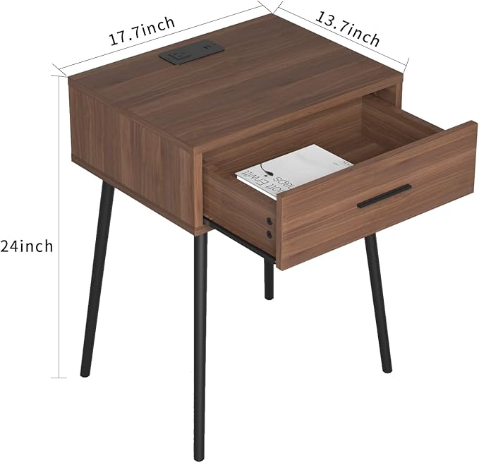 HAIOOU Set of 2 Mid Century Nightstand with Charging Station, End Table Modern Side Table One Drawer with Premium Matte Black Handle and Pine Wood Legs for Home Bedroom Living Room (NS003X)