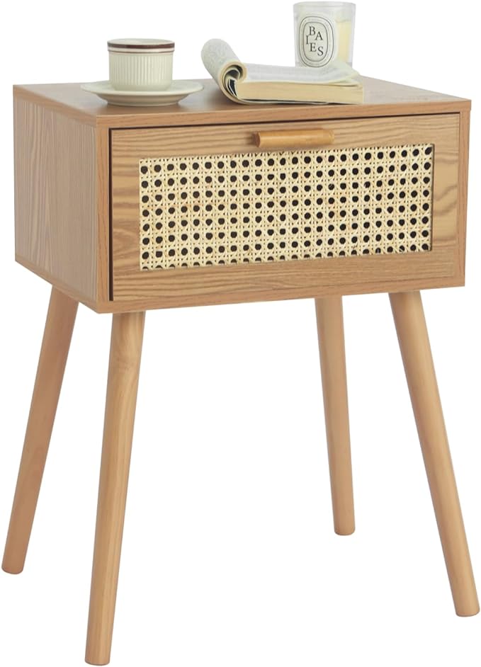 AWASEN Mid Century Nightstand, Rattan Side Table with Drawer, Modern Bedside Table with Storage and Solid Wood Legs for Living Room, Bedroom and Small Space (Brown)