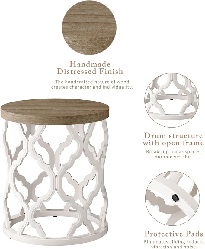 Farmhouse End Table, 18.5'' French Country Round Side Table, Wood Top Side Table with Curved Motif Frame Base for Boho, End Tables Living Room, Bedroom, Small Space, Easy Assembly